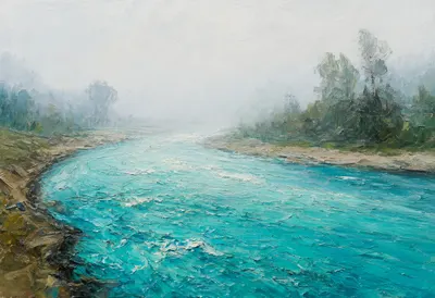 Turquoise River Bend in soft mist Oil Painting