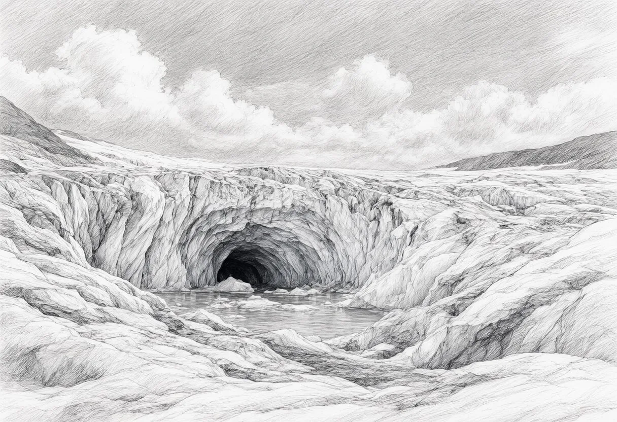 Glacier Ice Cave under a dramatic sky Pencil Sketch