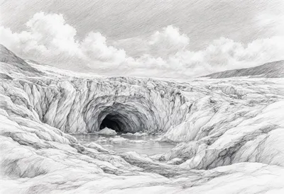 Glacier Ice Cave under a dramatic sky Pencil Sketch