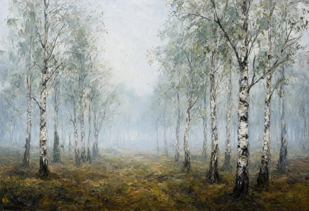 Birch Grove In Fog Oil Painting