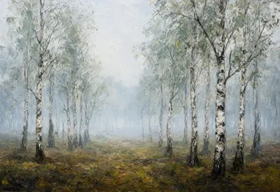 Birch Grove In Fog Oil Painting