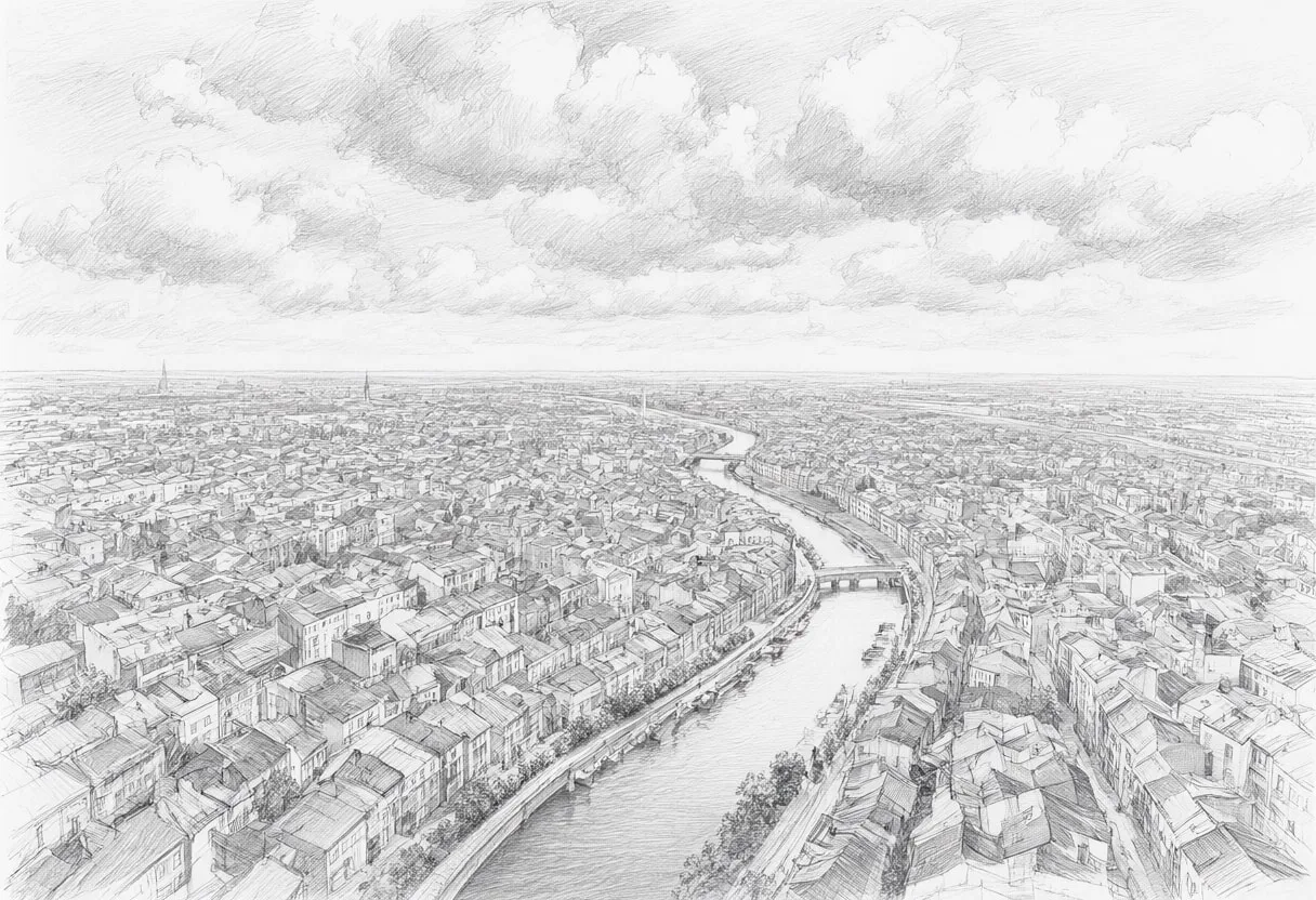 Aerial View of a River City with dramatic clouds