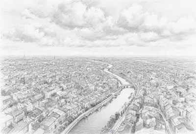 Aerial View of a River City with dramatic clouds