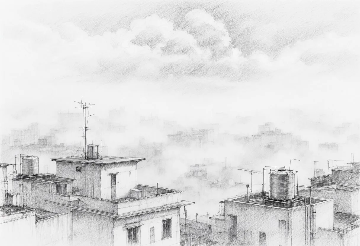 Rooftops in Morning Mist with dramatic clouds