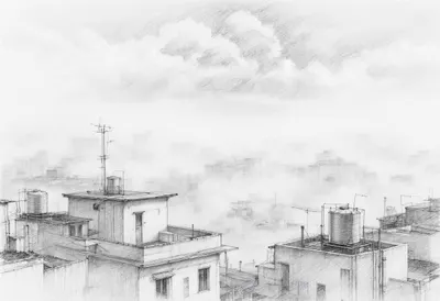 Rooftops in Morning Mist with dramatic clouds