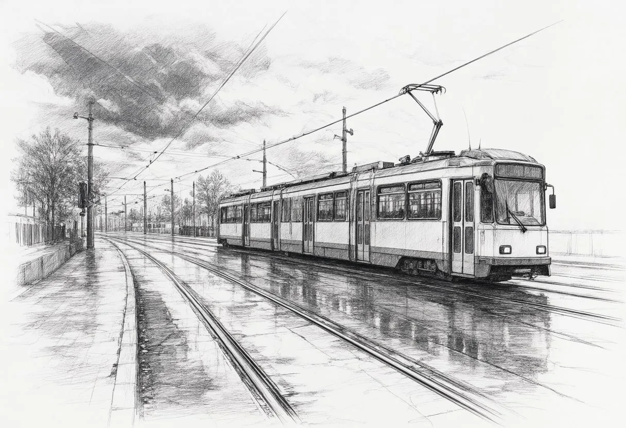 Tram Line in the Rain with dramatic clouds