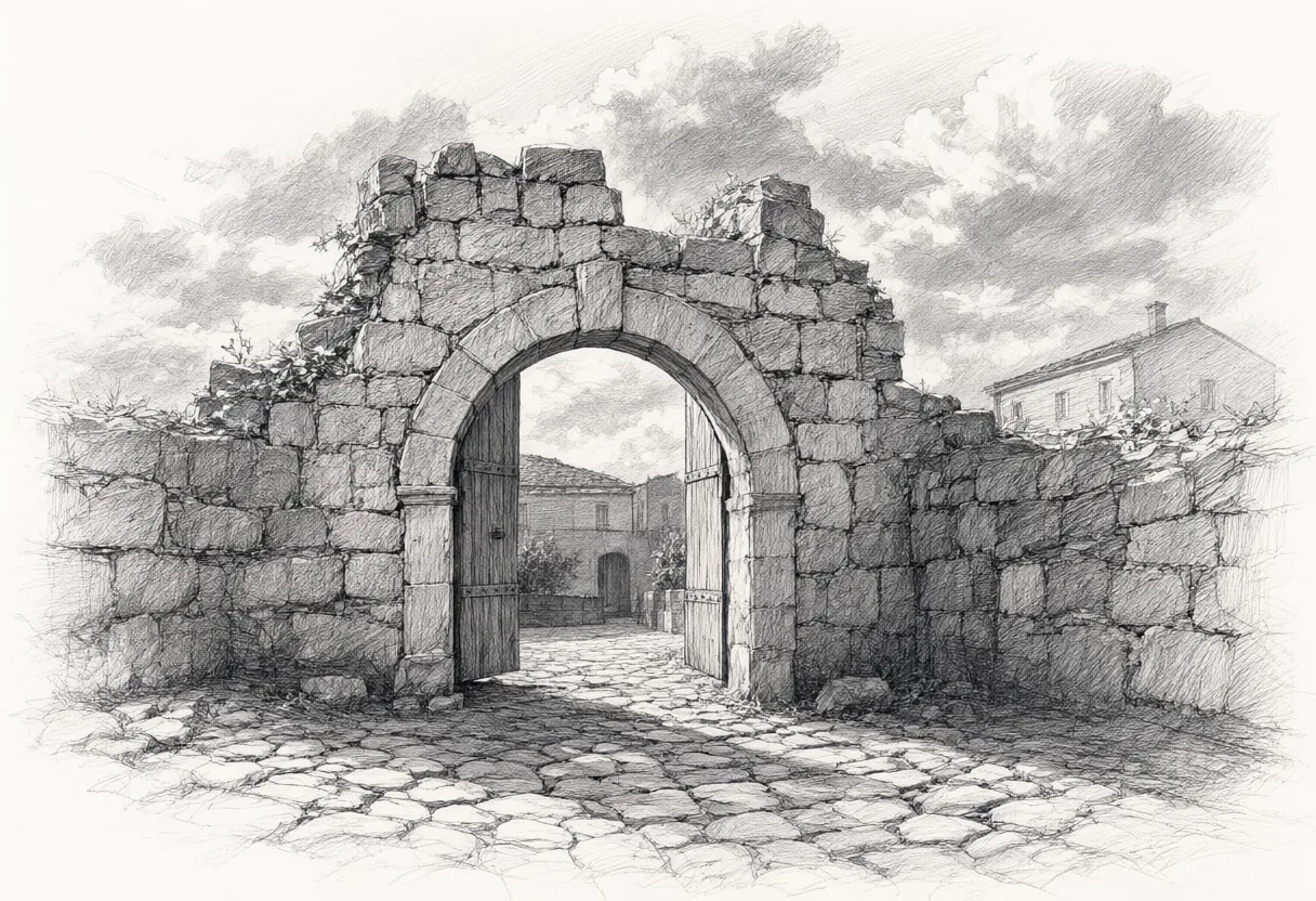 Old Town Gate in Warm Light with dramatic clouds