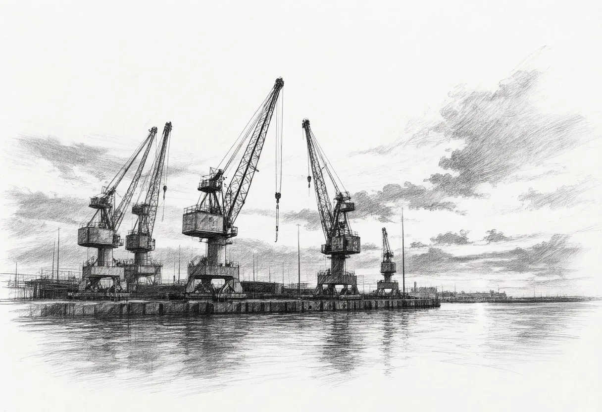 Harbour Cranes against Dusk Sky with dramatic clouds