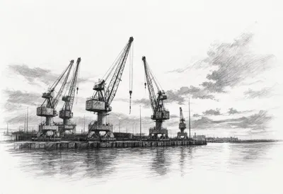 Harbour Cranes against Dusk Sky with dramatic clouds