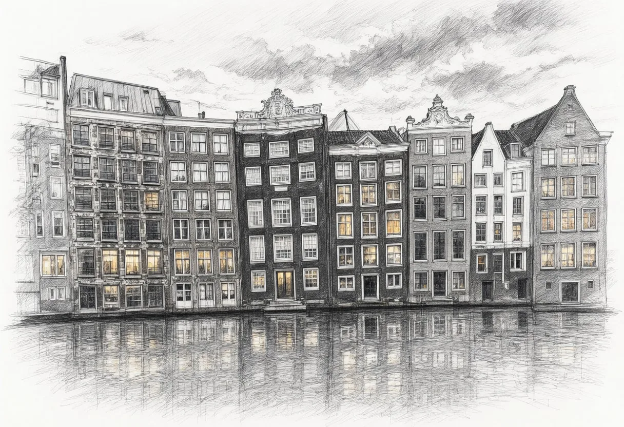 Canal Houses Reflection with dramatic clouds