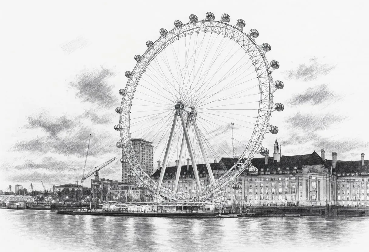 Ferris Wheel by the River with dramatic clouds