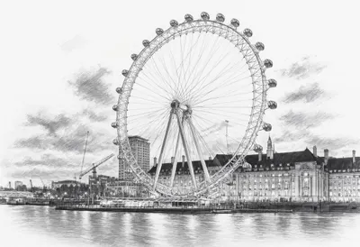 Ferris Wheel by the River with dramatic clouds