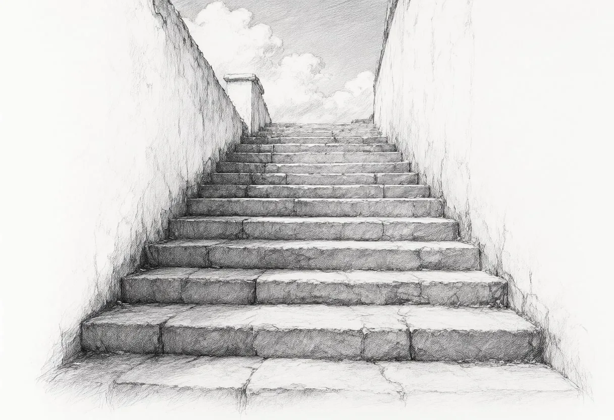Staircase Between Old Walls with dramatic clouds