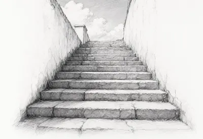 Staircase Between Old Walls with dramatic clouds