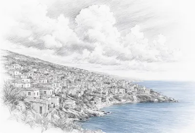 Coastal Town on a Hillside with dramatic clouds