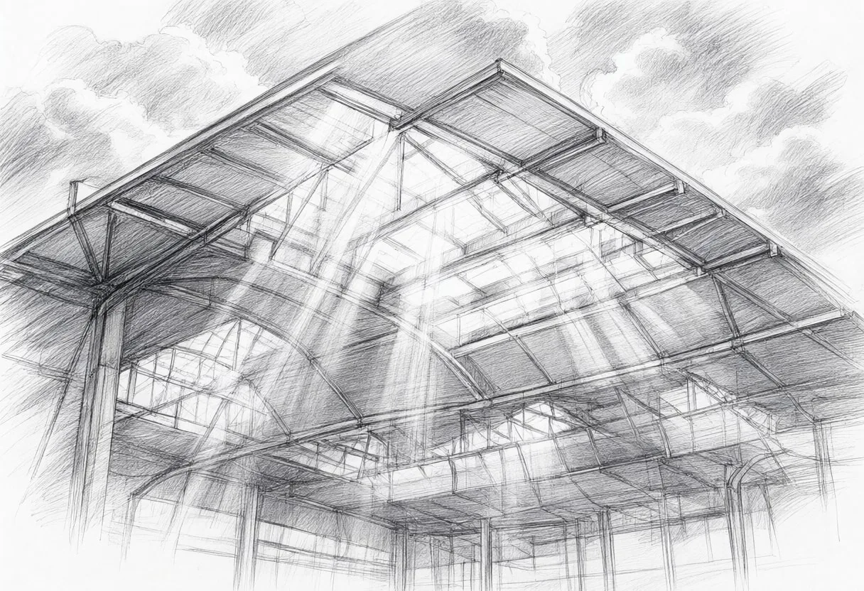 Train Station Roof Structure with dramatic clouds