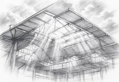 Train Station Roof Structure with dramatic clouds