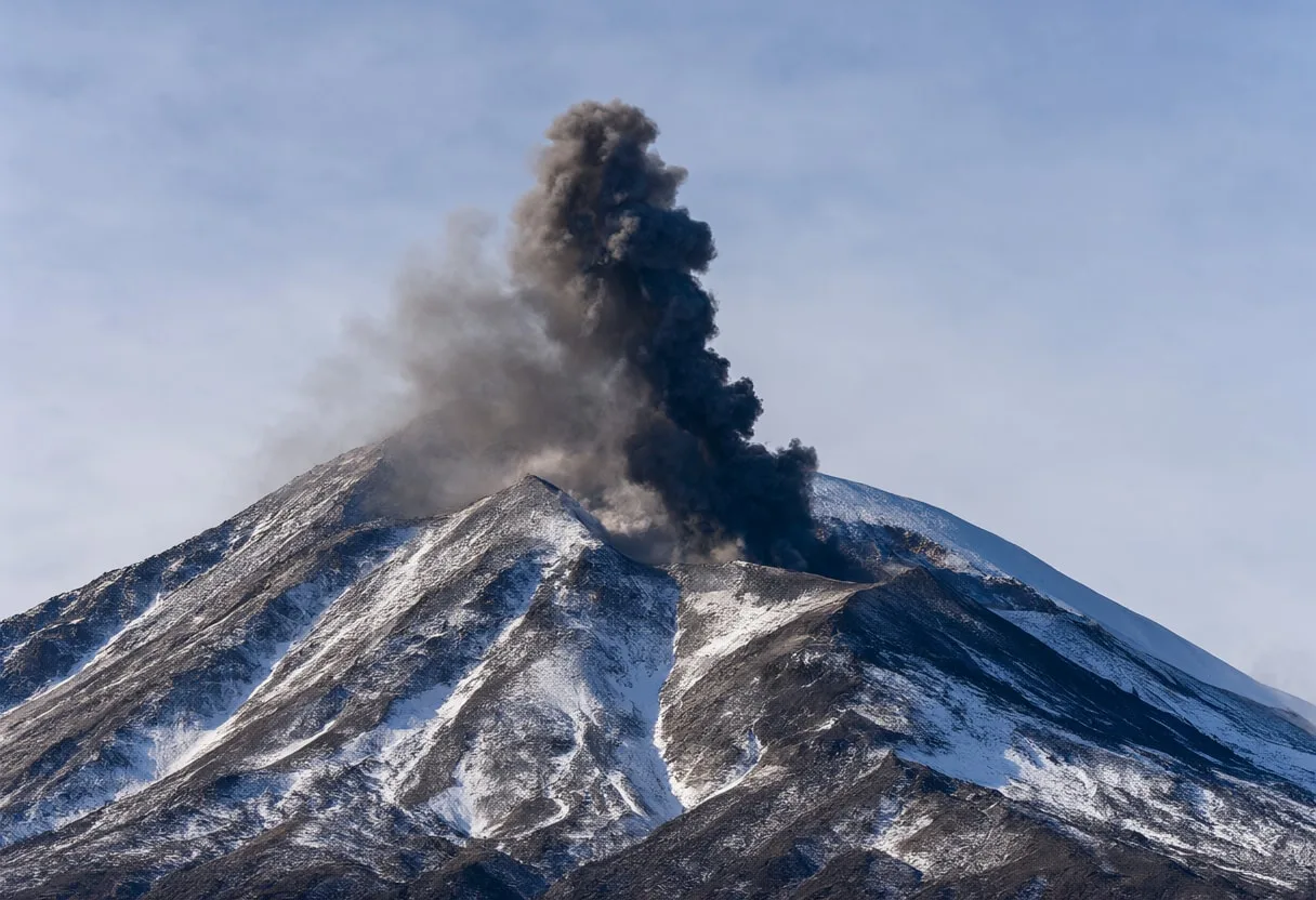 Ash Column over Snowy Slopes