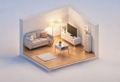 Minimal living room — At dusk with warm lights