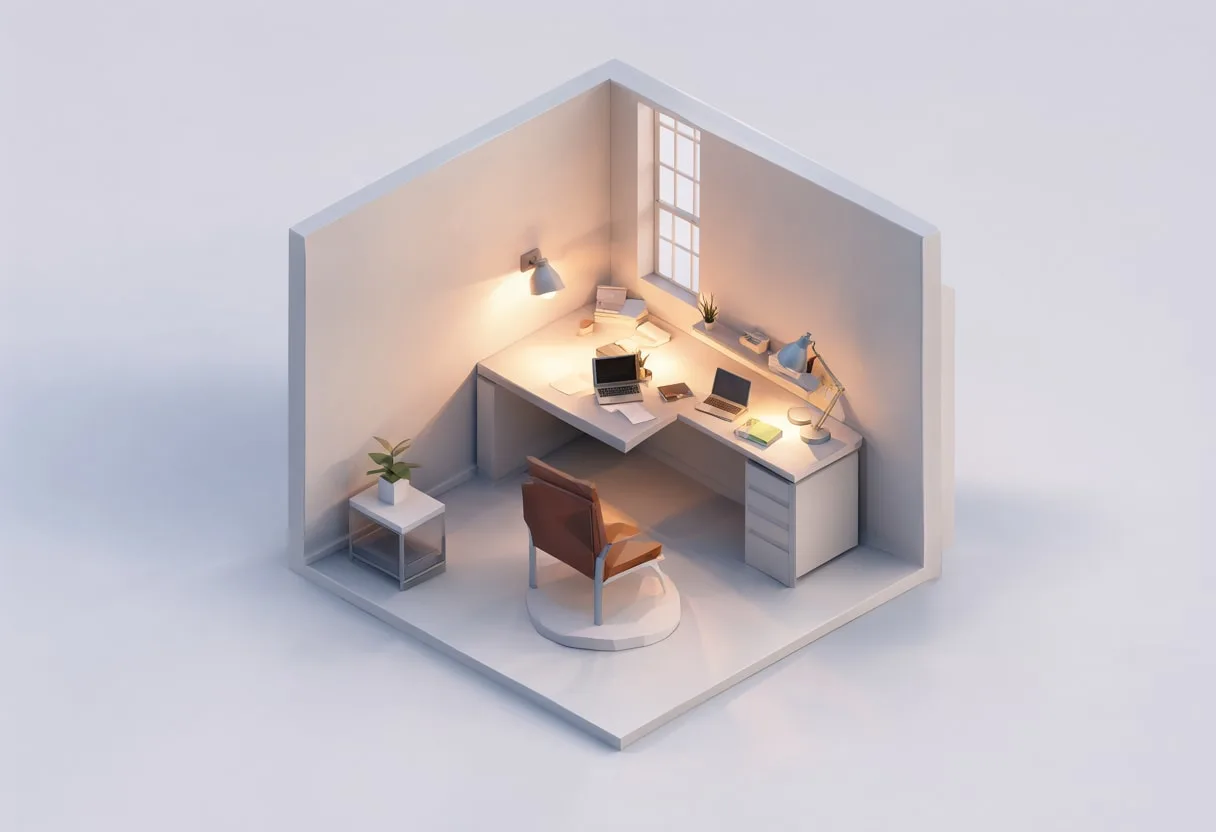 Tiny workspace corner — At dusk with warm lights