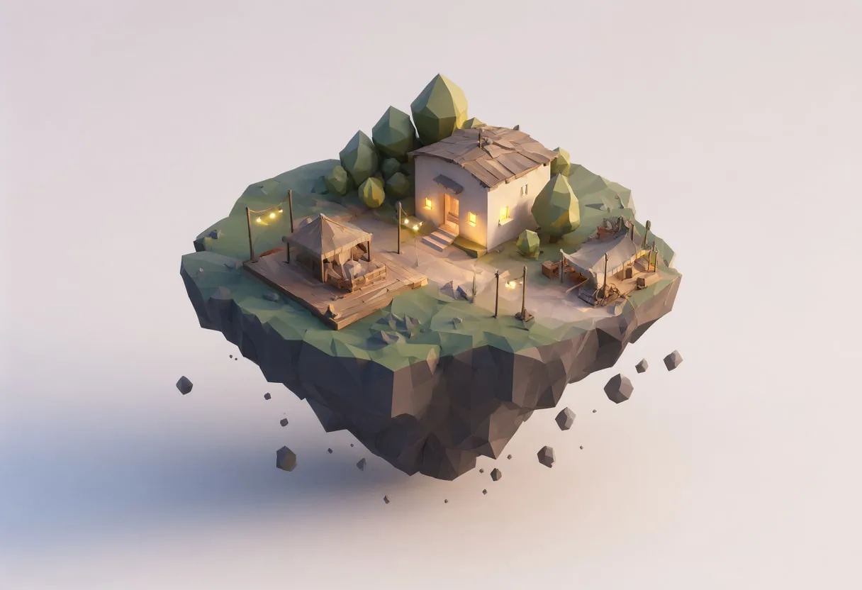 Floating island — At dusk with warm lights