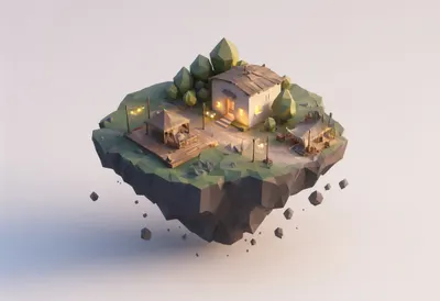 Floating island — At dusk with warm lights