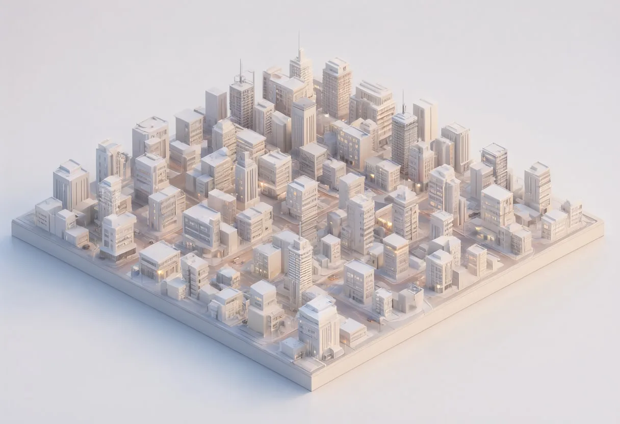 Miniature city block — At dusk with warm lights