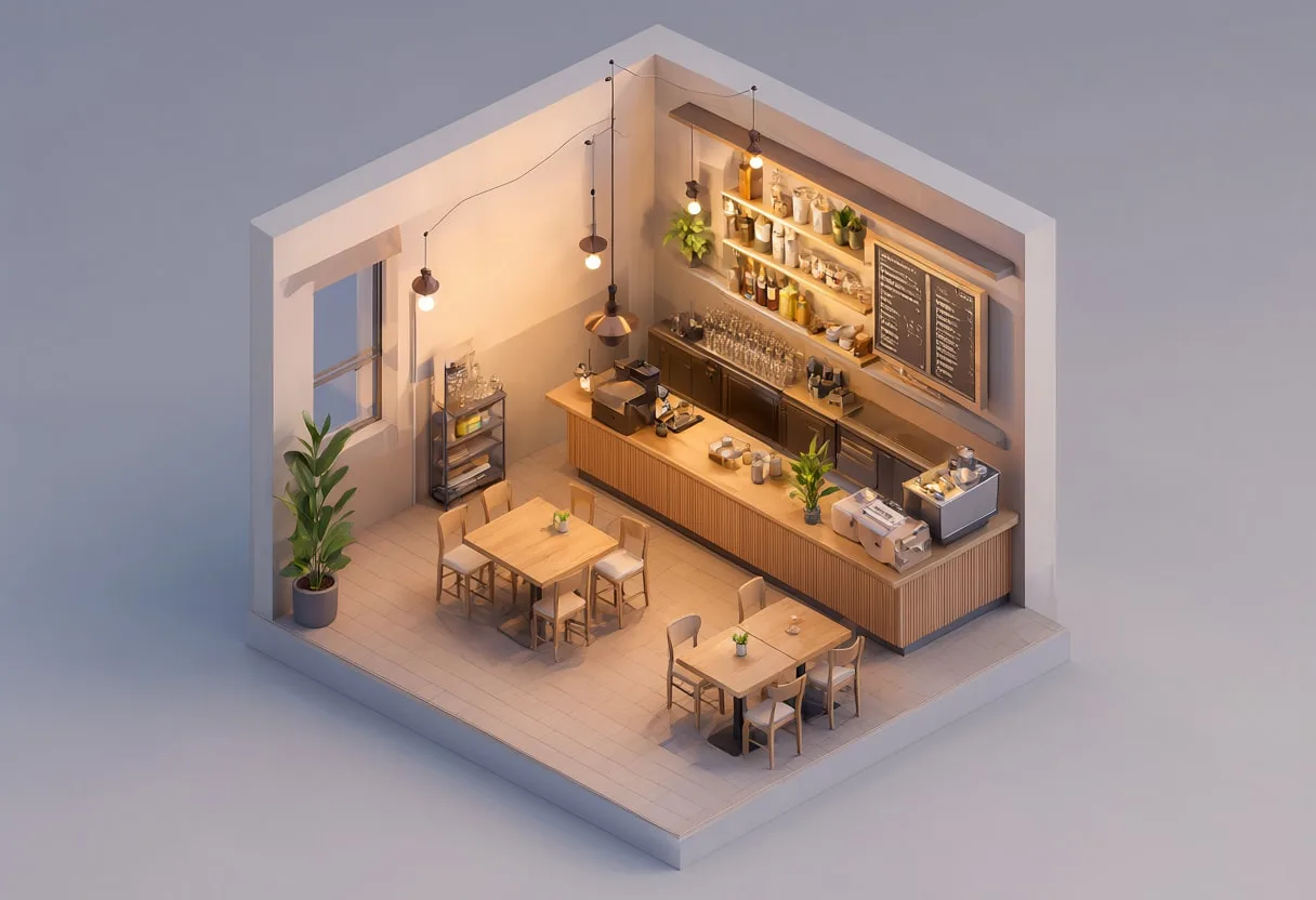 Small cafe interior — At dusk with warm lights