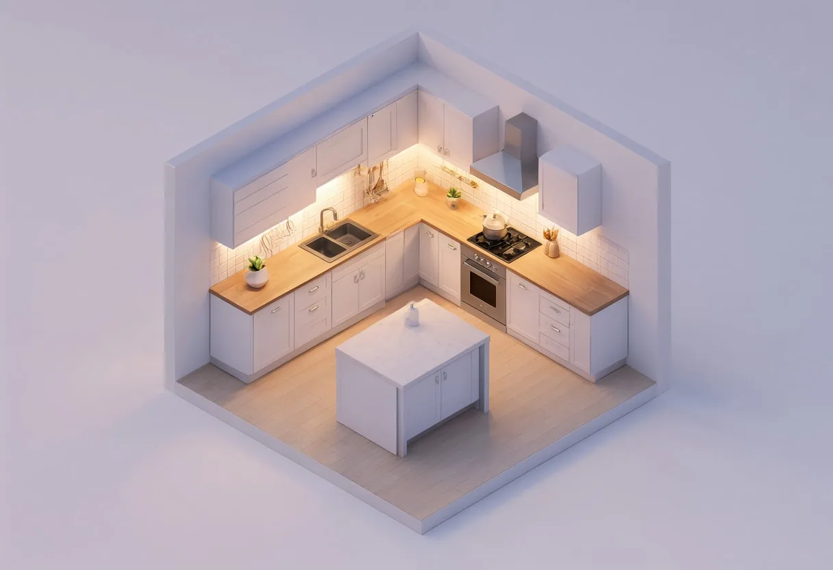 Isometric kitchen — At dusk with warm lights
