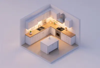 Isometric kitchen — At dusk with warm lights
