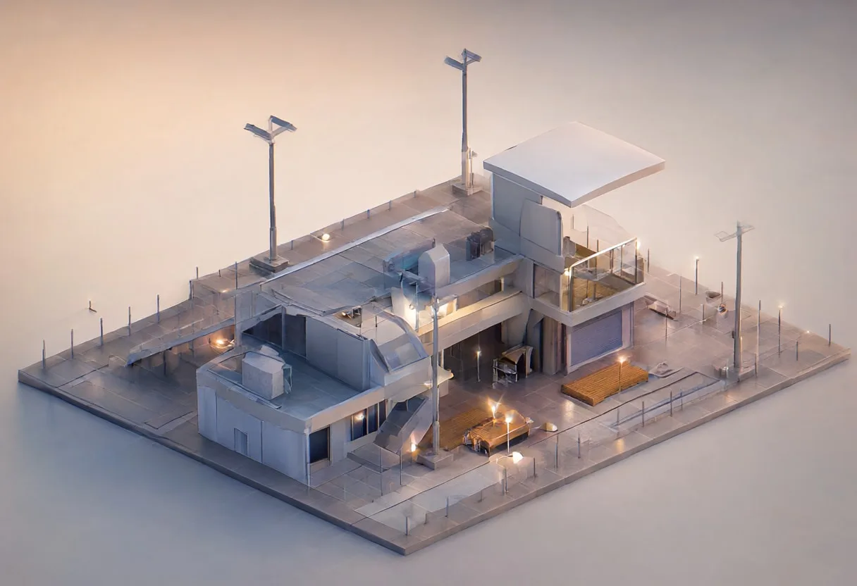 Rooftop scene — At dusk with warm lights