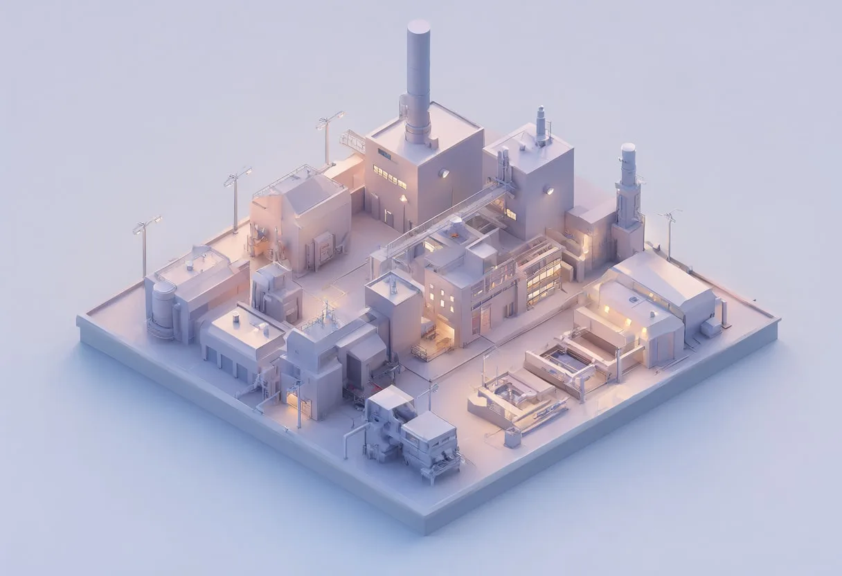 Isometric factory — At dusk with warm lights