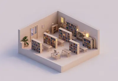 Small library — At dusk with warm lights