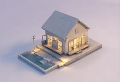 Seaside hut — At dusk with warm lights