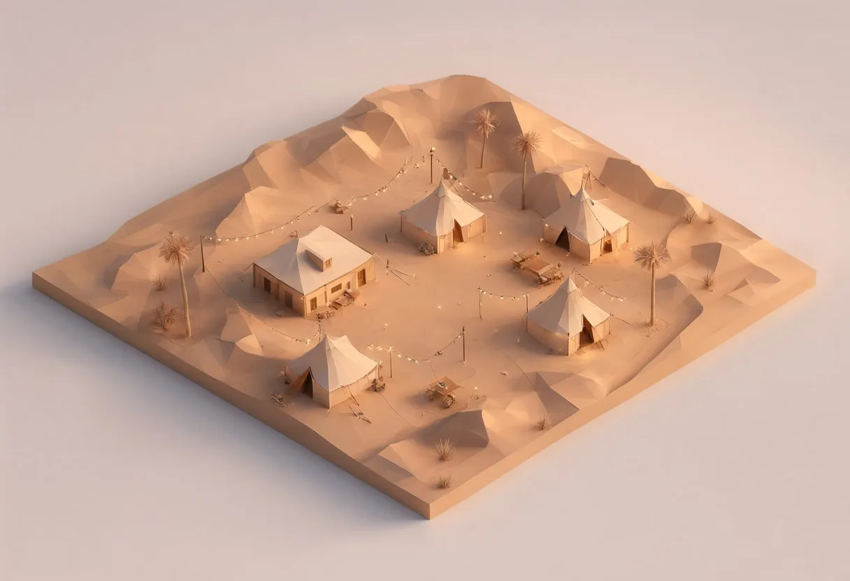 Desert camp — At dusk with warm lights