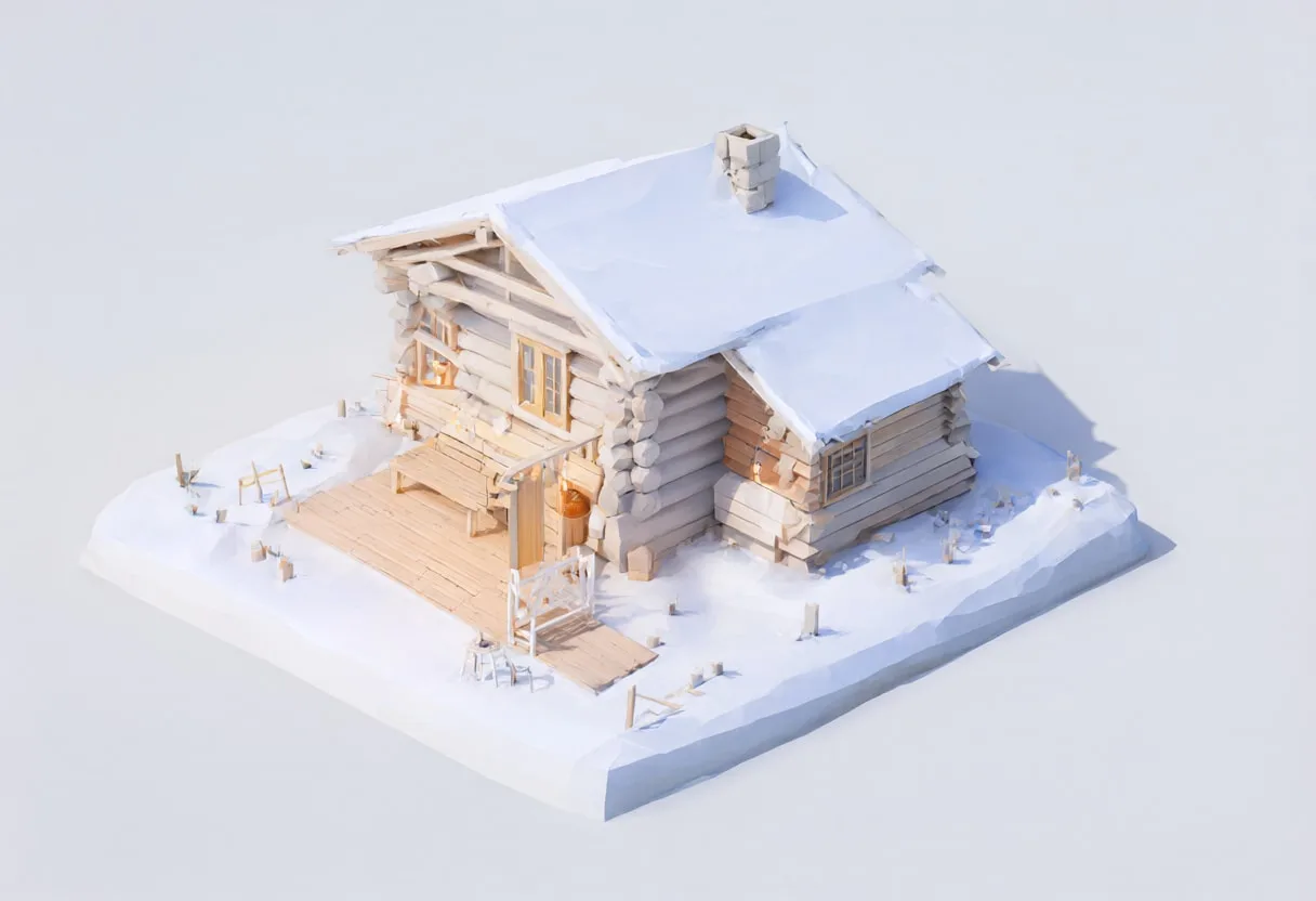 Snow cabin — At dusk with warm lights