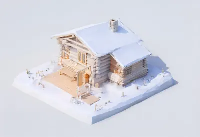 Snow cabin — At dusk with warm lights