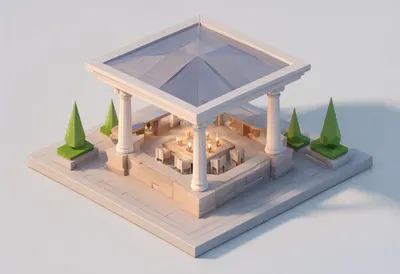Garden pavilion — At dusk with warm lights