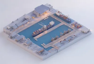 Isometric harbour — At dusk with warm lights