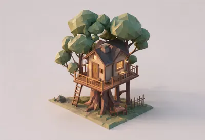 Treehouse — At dusk with warm lights