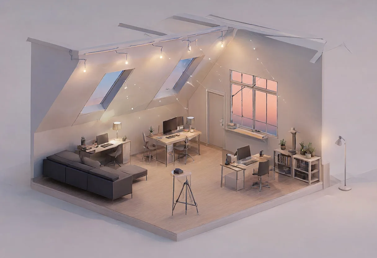 Attic studio — At dusk with warm lights