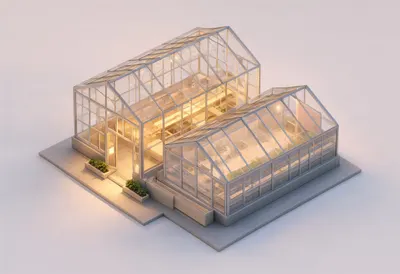 Greenhouse — At dusk with warm lights