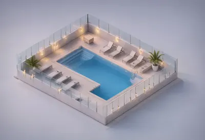 Pool deck — At dusk with warm lights