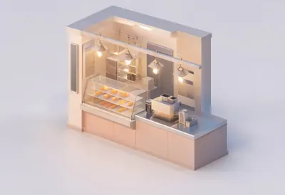 Bakery counter — At dusk with warm lights