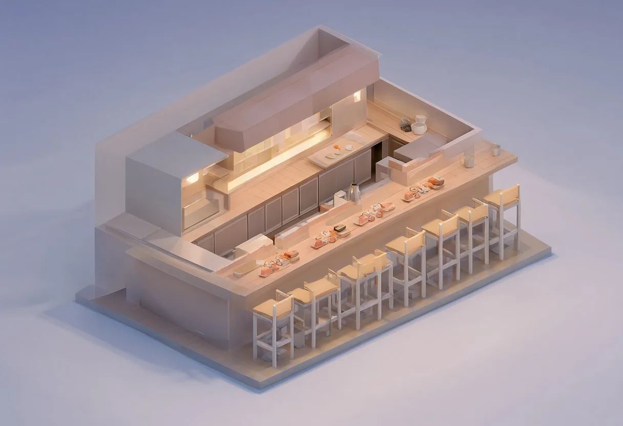 Sushi counter — At dusk with warm lights