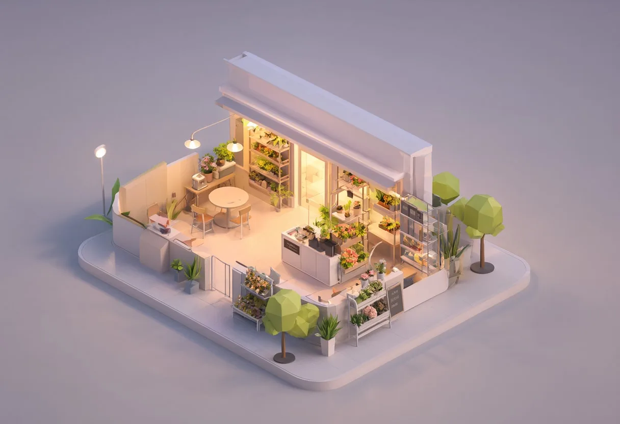 Flower shop — At dusk with warm lights