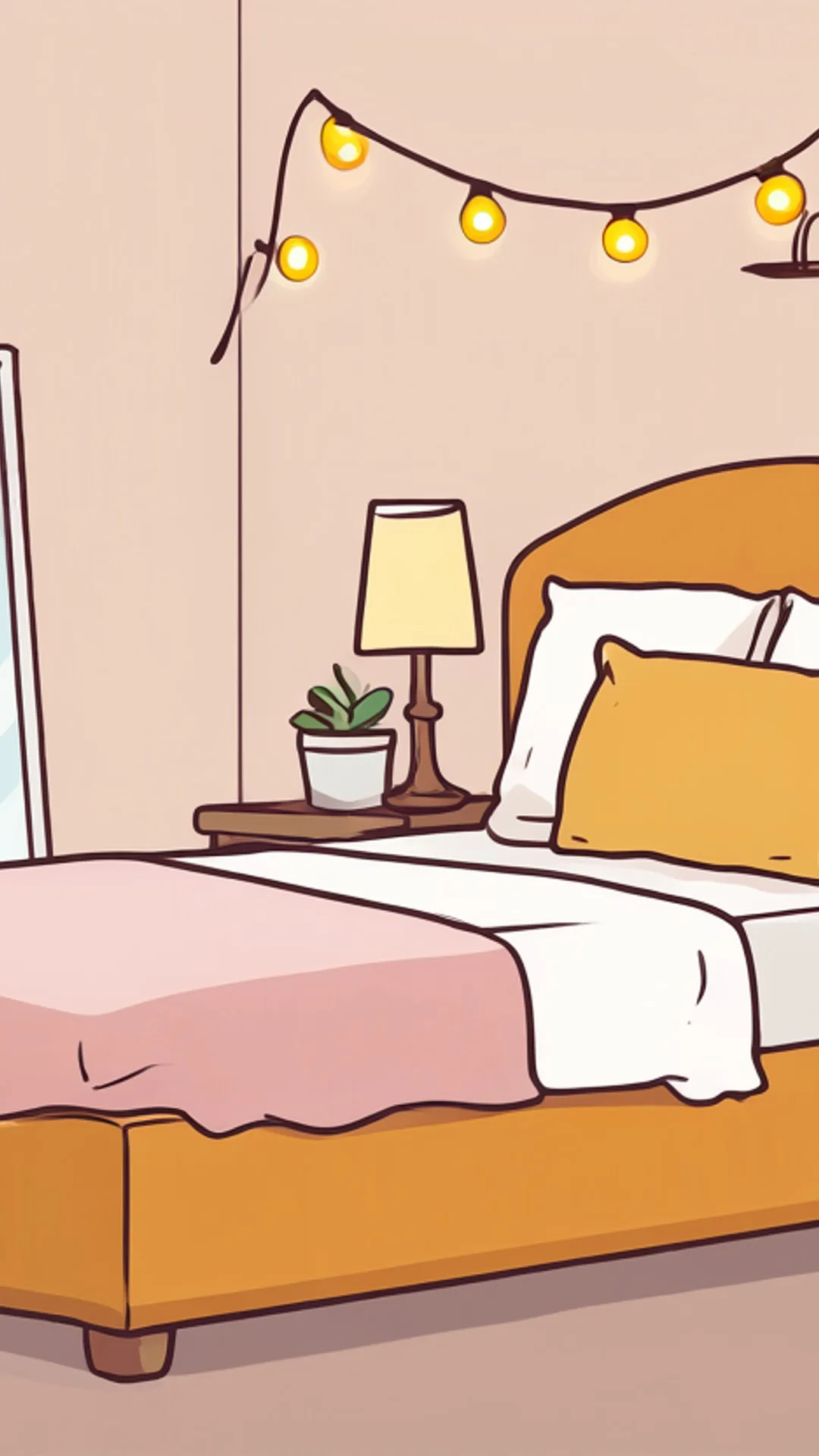 Bedroom with fairy lights — Flat vector