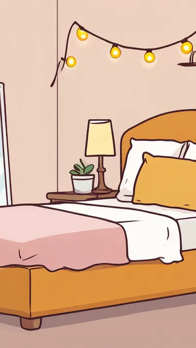 Bedroom with fairy lights — Flat vector