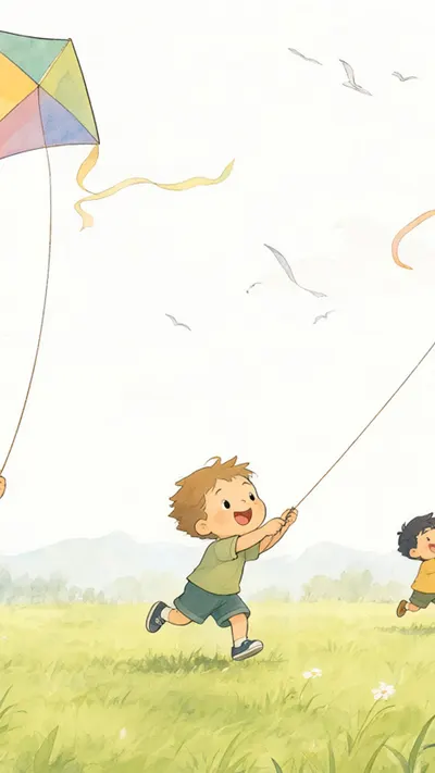 Kids kite flying — Warm watercolour