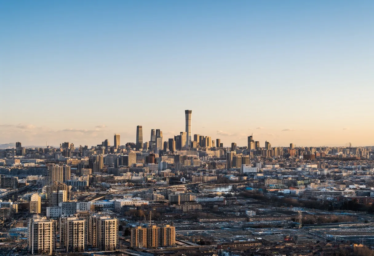 Distant skyline at golden hour, wide angle